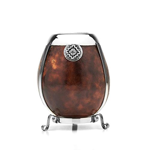 BALIBETOV [New Handmade Yerba Mate Gourd Set - German Silver Trim and Base - [Mate Cup] with Bombilla [Yerba Mate Straw] (Dark Brown)