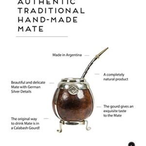 BALIBETOV [New Handmade Yerba Mate Gourd Set - German Silver Trim and Base - [Mate Cup] with Bombilla [Yerba Mate Straw] (Dark Brown)