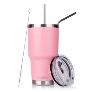 dynamic se 30oz tumbler double wall stainless steel vacuum insulated travel mug with splash-proof lid metal straw and brush (pink)