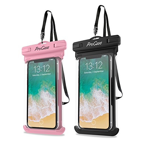 2 Pack ProCase Waterproof Phone Case Dry Bag Pouch, for iPhone 14 Plus Pro Max, iPhone 13 12 Pro Max, 11 Xs Max XR X 8 7 6S Plus, Galaxy S22 S22+ S21 FE, Up to 7.0 inch -Pink/Black