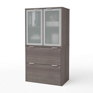 Bestar i3 Plus Lateral File Cabinet with Frosted Glass Doors Hutch, 31W, Bark Grey