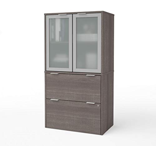 Bestar i3 Plus Lateral File Cabinet with Frosted Glass Doors Hutch, 31W, Bark Grey