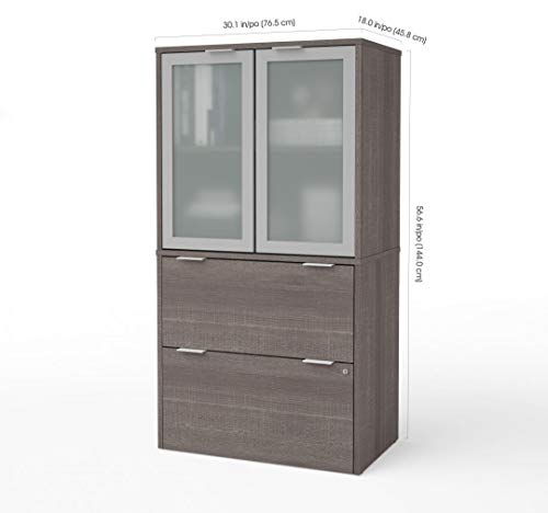 Bestar i3 Plus Lateral File Cabinet with Frosted Glass Doors Hutch, 31W, Bark Grey