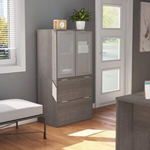 Bestar i3 Plus Lateral File Cabinet with Frosted Glass Doors Hutch, 31W, Bark Grey