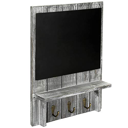 MyGift Wall Mounted Rustic Gray Wood Entryway Key Holder Organizer Rack with Chalkboard, Storage Display Shelf and 3 Hooks