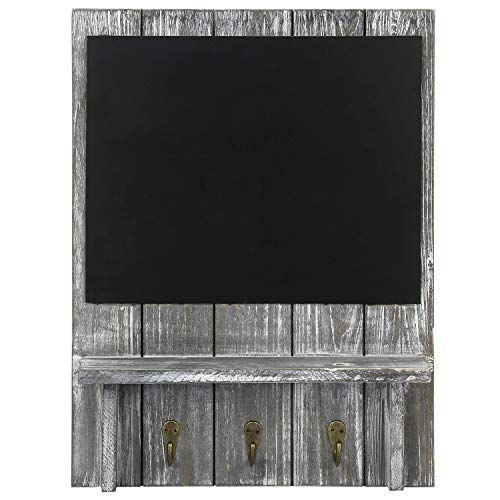 MyGift Wall Mounted Rustic Gray Wood Entryway Key Holder Organizer Rack with Chalkboard, Storage Display Shelf and 3 Hooks