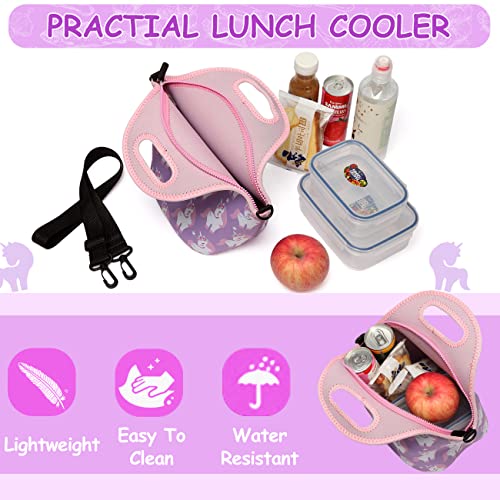 Lunch Box Bag for Girls,VASCHY Neoprene Insulated Lunch Tote with Detachable Adjustable Shoulder Strap in Pink Unicorn