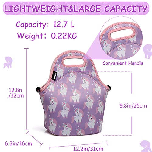 Lunch Box Bag for Girls,VASCHY Neoprene Insulated Lunch Tote with Detachable Adjustable Shoulder Strap in Pink Unicorn