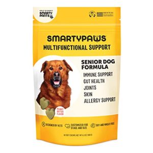 smartypants dog vitamins and supplements, senior formula: multivitamin with glucosamine, chondroitin, & probiotics for joint, skin, & gut support, peanut butter flavor, 60 soft chews by smartypaws