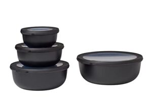 mepal, cirqula set of 4 multi food storage and serving bowls with lids, food prep containers, shallow, nordic black, 1 each (12oz, 25oz, 42oz, 76oz), 1 set