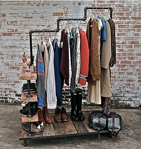 Diwhy Industrial Pipe Clothing Rack 4 Layers Pine Wood Shelving Shoes Rack With Wheels Cloth Hanger Household Shoe Rack Pipe Shelf Garment Racks