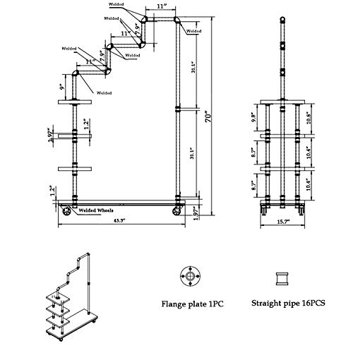 Diwhy Industrial Pipe Clothing Rack 4 Layers Pine Wood Shelving Shoes Rack With Wheels Cloth Hanger Household Shoe Rack Pipe Shelf Garment Racks