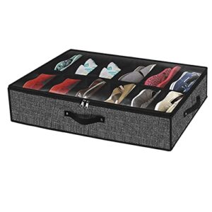 under bed shoe storage organizer fits 12 pairs- underbed shoe container solution shoes box bins with clear window for sneakers,high heels,flip flop(black)