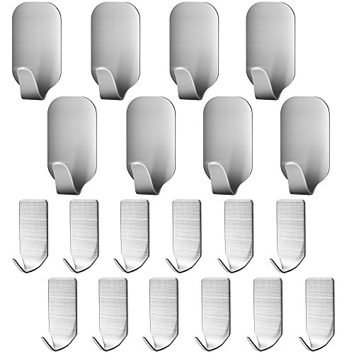 20 Pieces Self Adhesive Stainless Steel Wall Hooks, FineGood Metal Utility Hanging Hooks for Robe, Coat, Towel, Keys, Bags, Home, Kitchen, Bathroom, Heavy Duty Ultra Strong - 8 Large,12 Small