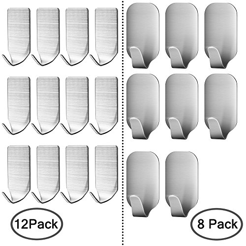 20 Pieces Self Adhesive Stainless Steel Wall Hooks, FineGood Metal Utility Hanging Hooks for Robe, Coat, Towel, Keys, Bags, Home, Kitchen, Bathroom, Heavy Duty Ultra Strong - 8 Large,12 Small