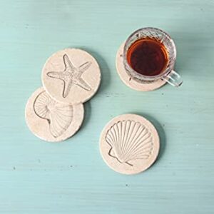 Beach Coasters for Drink Set of 4 Absorbent Nautical Outdoor Housewarming Gifts Marble Style Resin Coasters Cork Base Handmade Starfish Seashell Round Coasters Funny Ocean Sea Summer Theme, 4" x 4"