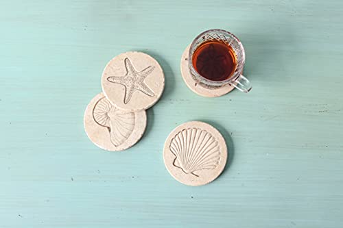 Beach Coasters for Drink Set of 4 Absorbent Nautical Outdoor Housewarming Gifts Marble Style Resin Coasters Cork Base Handmade Starfish Seashell Round Coasters Funny Ocean Sea Summer Theme, 4" x 4"