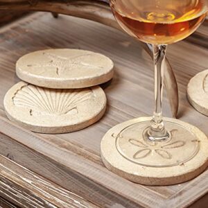 Beach Coasters for Drink Set of 4 Absorbent Nautical Outdoor Housewarming Gifts Marble Style Resin Coasters Cork Base Handmade Starfish Seashell Round Coasters Funny Ocean Sea Summer Theme, 4" x 4"