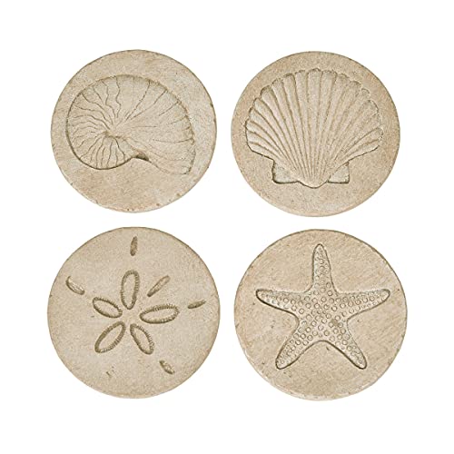 Beach Coasters for Drink Set of 4 Absorbent Nautical Outdoor Housewarming Gifts Marble Style Resin Coasters Cork Base Handmade Starfish Seashell Round Coasters Funny Ocean Sea Summer Theme, 4" x 4"