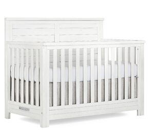 evolur belmar flat 5-in-1 convertible crib in weathered white, features 3 mattress height settings, greenguard gold certified, made of kiln-dried hardwood