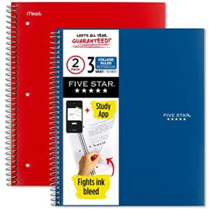 five star spiral notebooks + study app, 2 pack, 3 subject, college ruled paper, 11" x 8-1/2", 150 sheets, blue & red (38502)