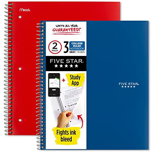 Five Star Spiral Notebooks + Study App, 2 Pack, 3 Subject, College Ruled Paper, 11" x 8-1/2", 150 Sheets, Blue & Red (38502)