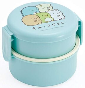 skater sumikkogurashi 2 tier round bento lunch box with folk (17oz) - authentic japanese design - microwave safe - blue
