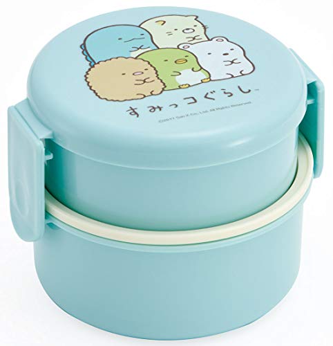 Skater Sumikkogurashi 2 Tier Round Bento Lunch Box with Folk (17oz) - Authentic Japanese Design - Microwave Safe - Blue