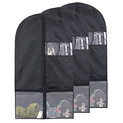 Kernorv Dance Costume Bags,43" Foldable Garment Bags for Dance Competitions Garment Bag with 2 Zipper Mesh Pockets and Clear Window for Dance Costumes, Storage or Travel (3 Pack,Black)