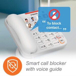VTech SN5147 Amplified Corded/Cordless Senior Phone with Answering Machine, Call Blocking, 90dB Extra-loud Visual Ringer, One-touch Audio Assist on Handset up to 50dB, White