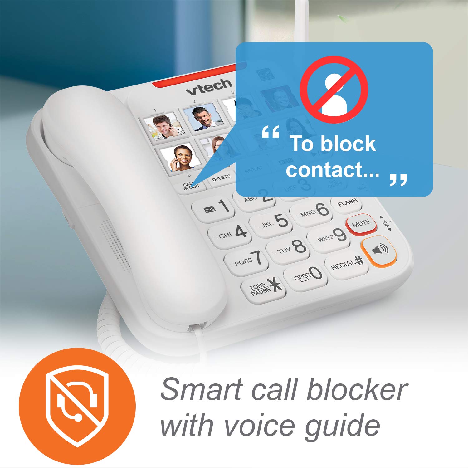 VTech SN5147 Amplified Corded/Cordless Senior Phone with Answering Machine, Call Blocking, 90dB Extra-loud Visual Ringer, One-touch Audio Assist on Handset up to 50dB, White