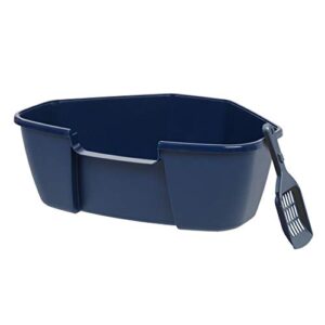 iris usa large open top corner cat litter tray with scoop, sturdy comfortable easy to clean open air kitty rabbit litter pan with tall walls, navy