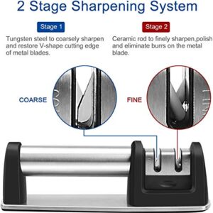 2 Stage Knife Sharpener, Safe Kitchen Knife Sharpeners Handle for Straight and Serrated Knives Diamond Coated Quickly, Safe and Easy to Use