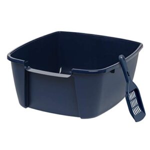 iris usa jumbo open top cat litter tray with scoop, sturdy comfortable easy to clean open air kitty rabbit litter pan with tall walls, navy