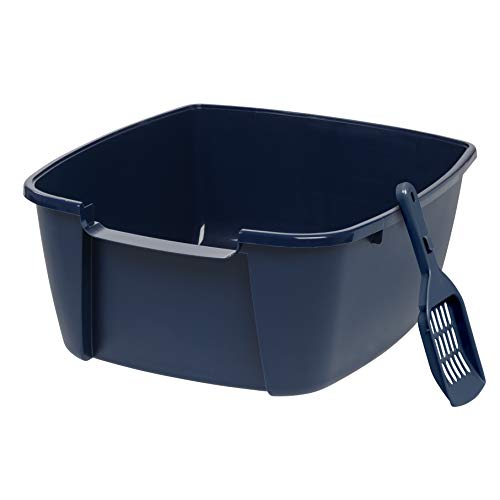 IRIS USA Jumbo Open Top Cat Litter Tray with Scoop, Sturdy Comfortable Easy to Clean Open Air Kitty Rabbit Litter Pan with Tall Walls, Navy