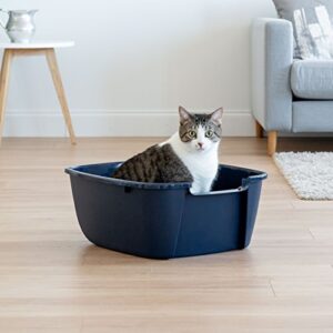 IRIS USA Jumbo Open Top Cat Litter Tray with Scoop, Sturdy Comfortable Easy to Clean Open Air Kitty Rabbit Litter Pan with Tall Walls, Navy