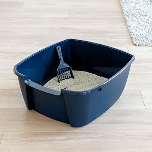 IRIS USA Jumbo Open Top Cat Litter Tray with Scoop, Sturdy Comfortable Easy to Clean Open Air Kitty Rabbit Litter Pan with Tall Walls, Navy