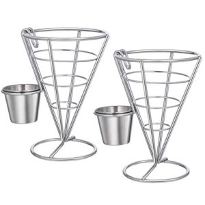 bestonzon 2pcs french fry stand cone basket french fry chips cone metal wire basket with sauce dippers for home parties/backyard picnics/outdoor events/appetizers