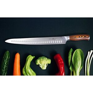 TUO Slicing Knife 12 inch - Granton Carving Knives Hollow Ground Meat Cutting Knife Kitchen Long Slicer & Carver - HC German Stainless Steel Pakkawood Handle - Gift Box Included - Fiery Series