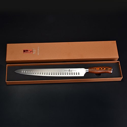 TUO Slicing Knife 12 inch - Granton Carving Knives Hollow Ground Meat Cutting Knife Kitchen Long Slicer & Carver - HC German Stainless Steel Pakkawood Handle - Gift Box Included - Fiery Series