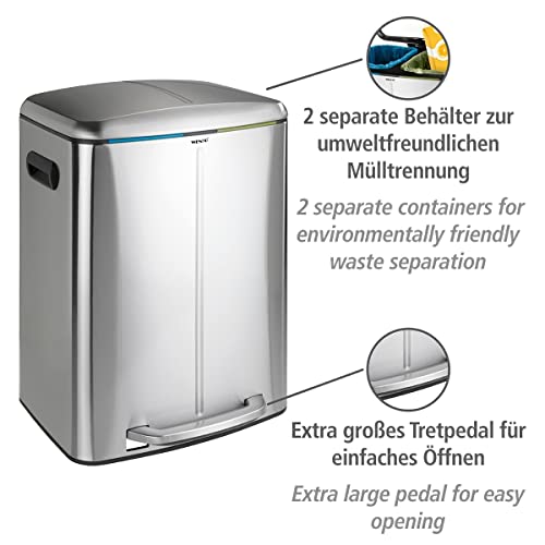 WENKO Primo 10 Gallon Dual, odorless, Waste, (WxHxD): 8.9x9.1x12.6 in, Stainless Steel Lid and Foot Pedal, Garbage Bin, Handsfree, Step Trash Can, Chrome