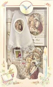 new girls first holy communion complete candle gift 6 pc set cross keepsake in english rosary boxed