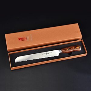 TUO Bread Knife- Razor Sharp Serrated Slicing Knife - High Carbon German Stainless Steel Kitchen Cutlery - Pakkawood Handle - Luxurious Gift Box Included - 9 inch - Fiery Phoenix Series