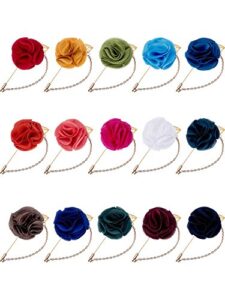 shappy men's satin lapel pins with metal chain, handmade boutonniere pins with metal chain and storage box (15 colors)