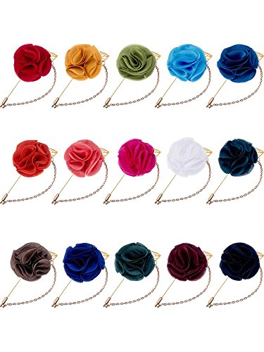 Shappy Men's Satin Lapel Pins with Metal Chain, Handmade Boutonniere Pins with Metal Chain and Storage Box (15 Colors)