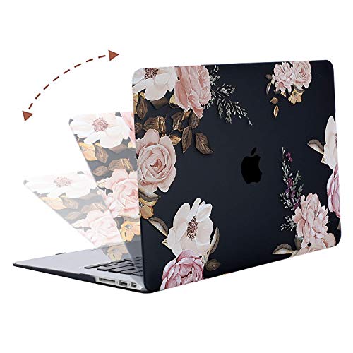 MOSISO Compatible with MacBook Air 13 inch Case (A1369 & A1466, Older Version 2010-2017 Release), Plastic Peony Hard Shell Case & Keyboard Cover & Screen Protector, Black