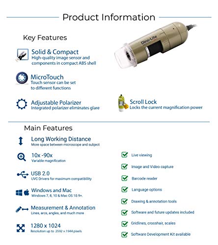 Dino-Lite USB Digital Microscope AM4113ZTL - 1.3MP, 10x - 90x Optical Magnification, Measurement, Polarized Light, Long Working Distance