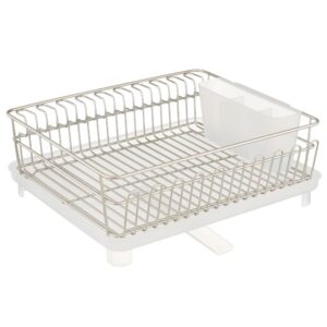 mDesign Large Metal Wire Kitchen Countertop, Sink Dish Drying Rack - Removable Plastic Cutlery Tray, Drainboard with Adjustable Swivel Spout - 3 Pieces - Satin/Clear Frost