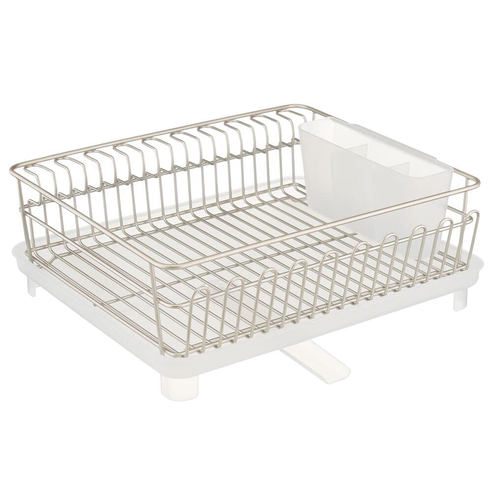 mDesign Large Metal Wire Kitchen Countertop, Sink Dish Drying Rack - Removable Plastic Cutlery Tray, Drainboard with Adjustable Swivel Spout - 3 Pieces - Satin/Clear Frost