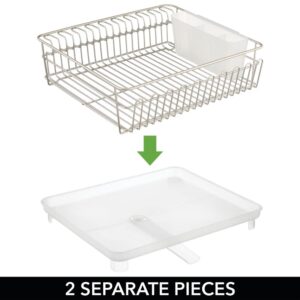 mDesign Large Metal Wire Kitchen Countertop, Sink Dish Drying Rack - Removable Plastic Cutlery Tray, Drainboard with Adjustable Swivel Spout - 3 Pieces - Satin/Clear Frost